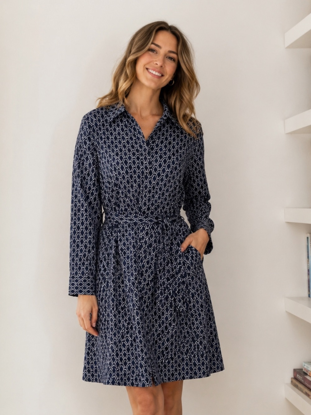 Talbots Navy and White Geometric Tie-Waist Long Sleeve Shirt Dress Large - Picture 2 of 12